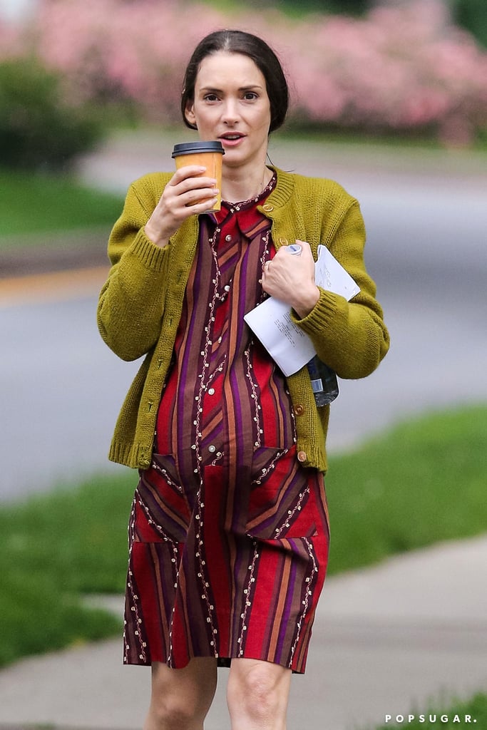 Winona Ryder wore a fake baby bump while filming Experimenter in Brooklyn on Thursday.