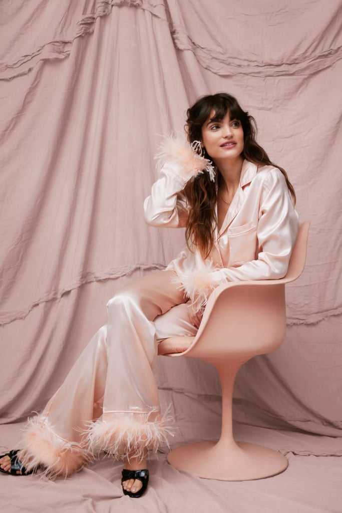 Nasty Gal Satin Feather Pajama Shirt and Pants Set