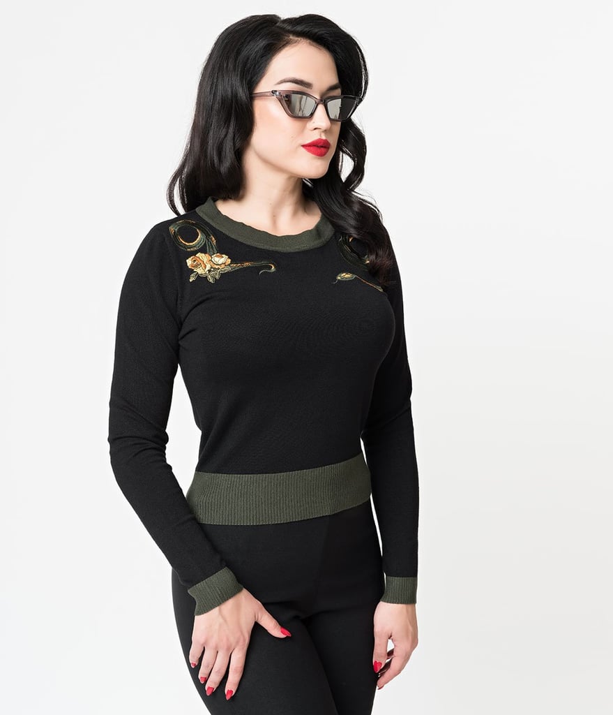 Black and Green Serpent Long Sleeve Knit Sweater Top