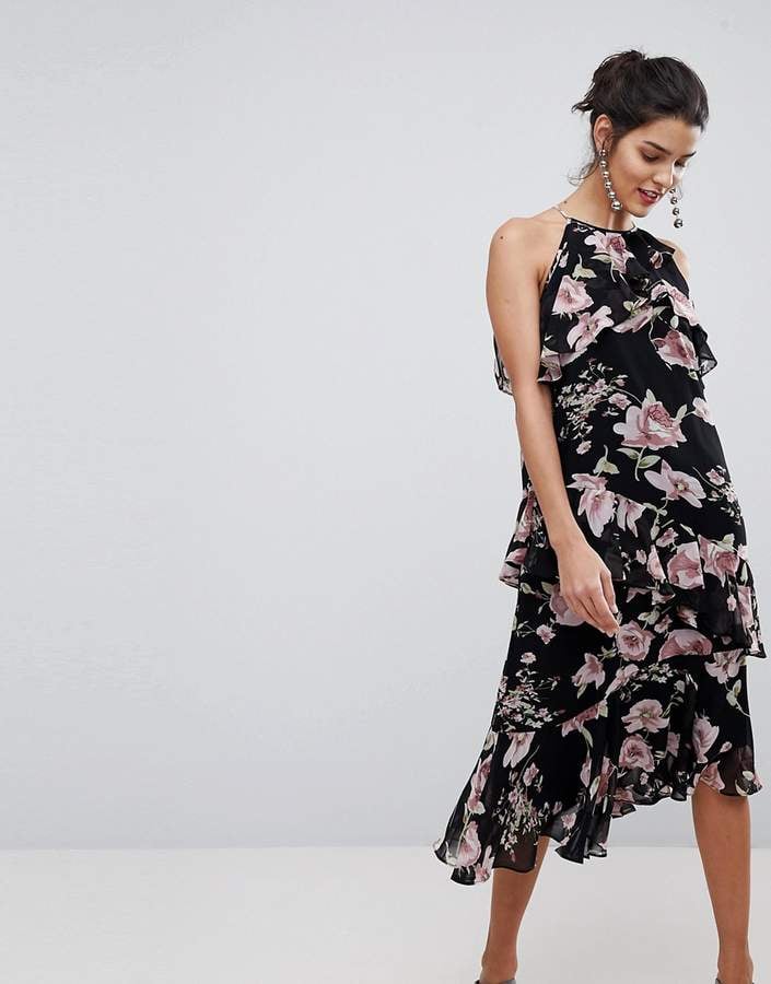 Y.A.S Floral High Neck Midi Dress With Ruffles