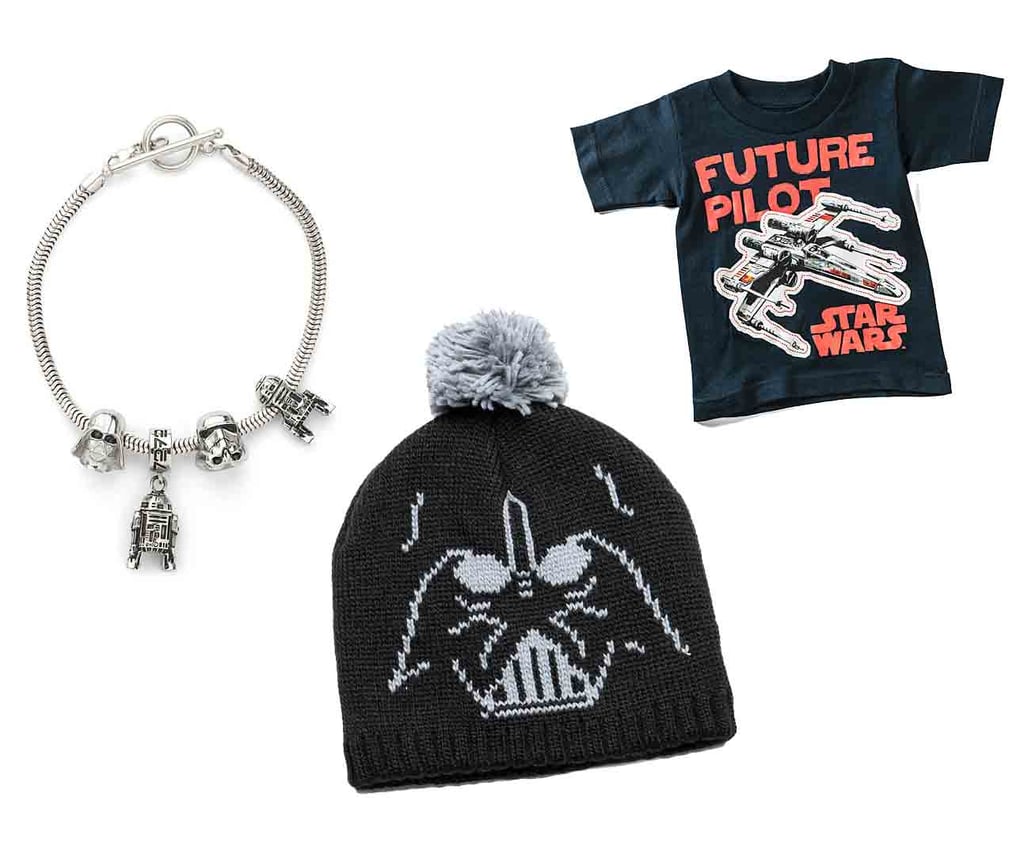 "The force is awakening yet again, and Star Wars fans young are getting amped for the next episode. For her, a Stormtrooper and R2-D2 charm bracelet ($26-$60). For him, a Darth Vader beanie ($20). For kids, a future pilot tee ($13)."