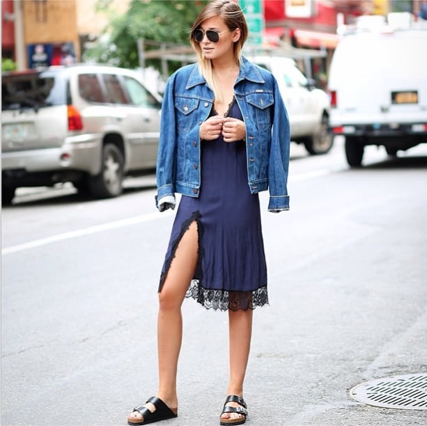 Give a sexy slip dress a daytime-appropriate makeover with a jean jacket and pool slides.
Source: Instagram user weworewhat