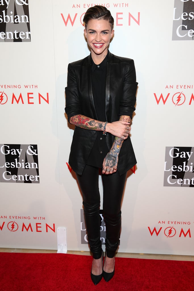 Wearing black leather separates to the An Evening With Women event in 2014.