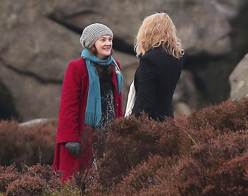 Drew Barrymore got in front of the cameras with her costar in England on Monday.