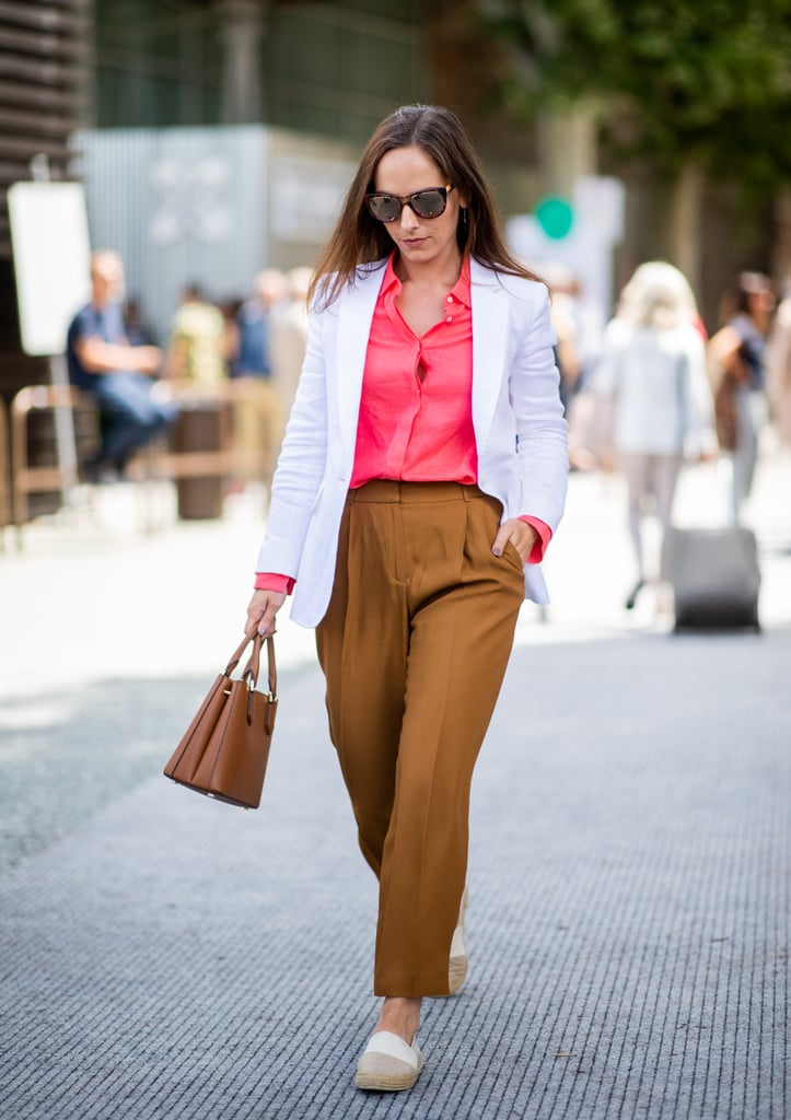 Style a Simple Pair With Trousers With a Pink Blouse and White Blazer