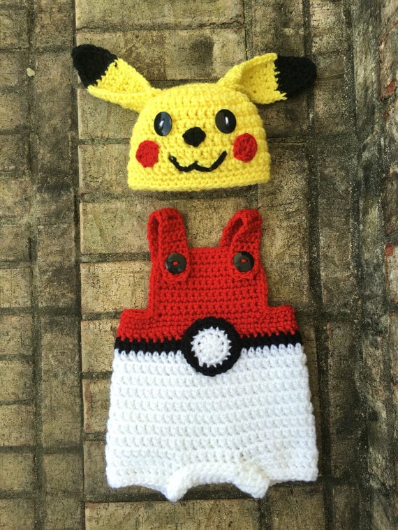 Baby Pikachu Hat and Pokéball Overalls