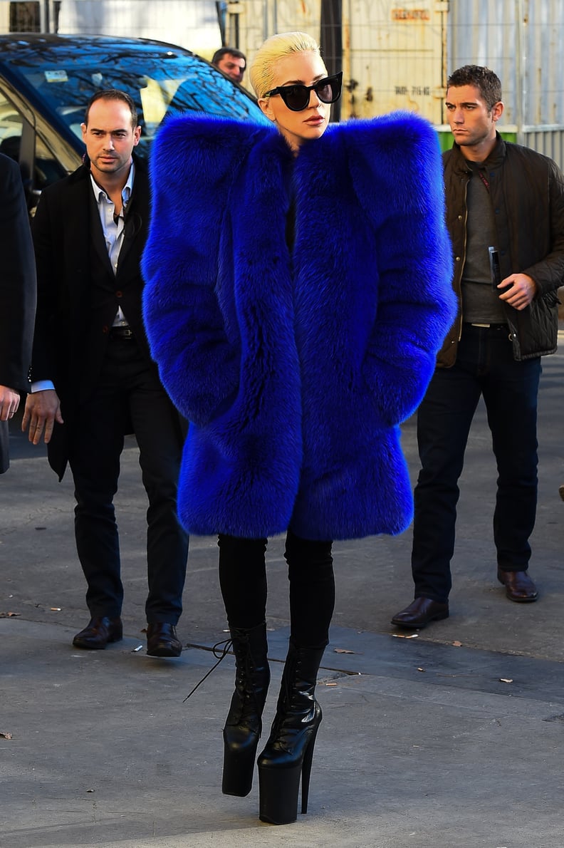 Lady Gaga in a Structured Saint Laurent Fuzzy Coat