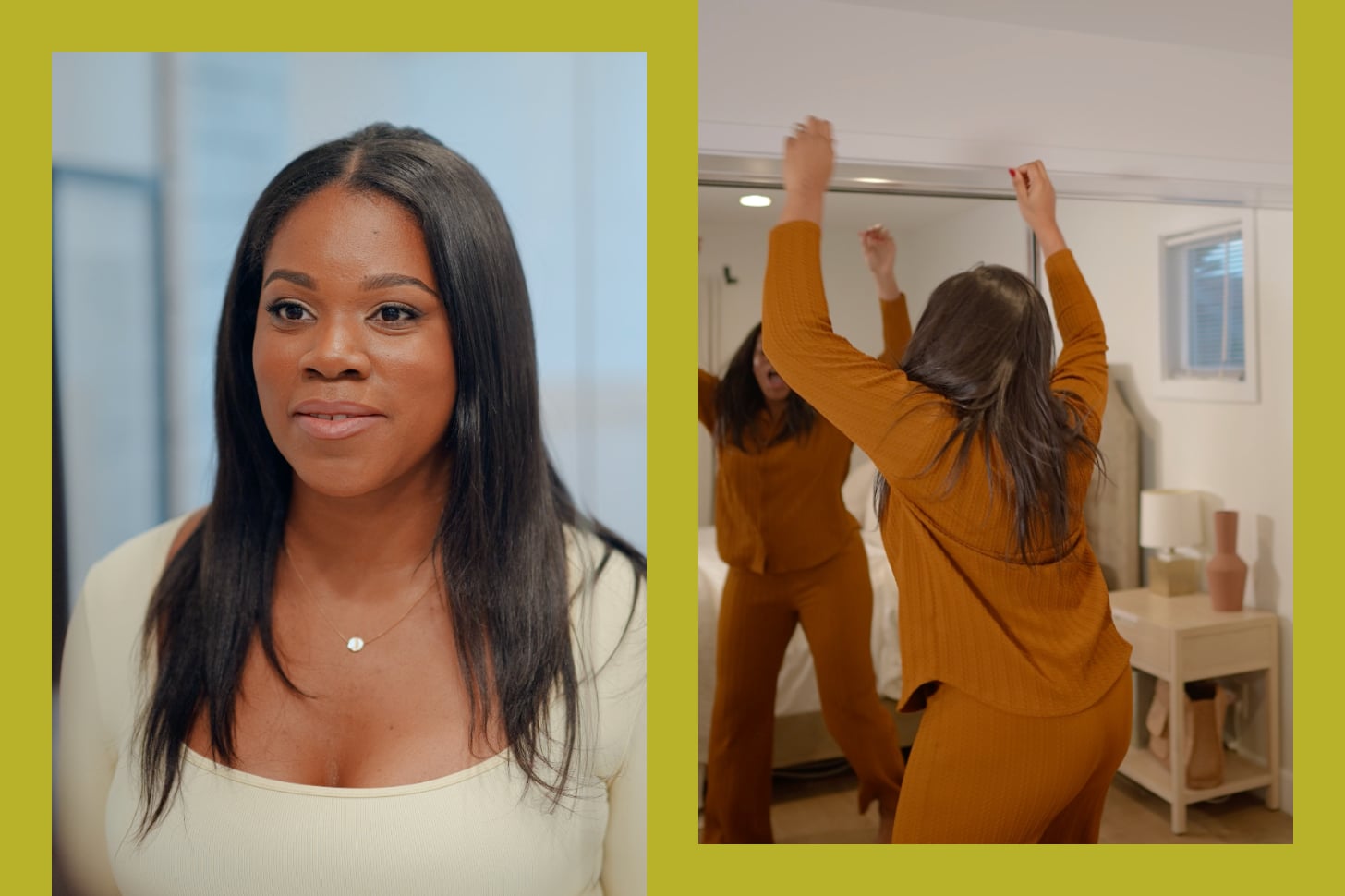 Photos of Natanya Bravo side by side show her staring into a mirror and jumping up and down in front of a mirror.