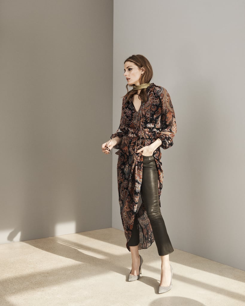 Banana Republic x Olivia Palermo Long-Sleeve Tie-Neck Maxi Dress in Paisley Print ($248) with Leather Crop Flare Pants ($598)