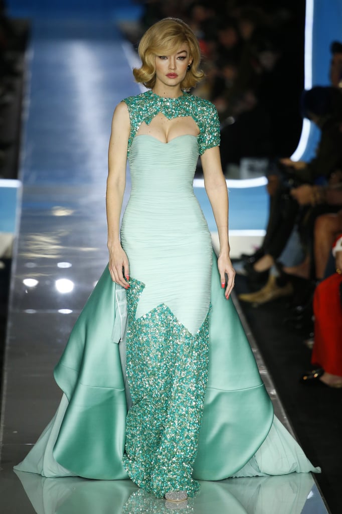 Gigi's Last Moschino Look Was a Turquoise Gown That Swept the Runway