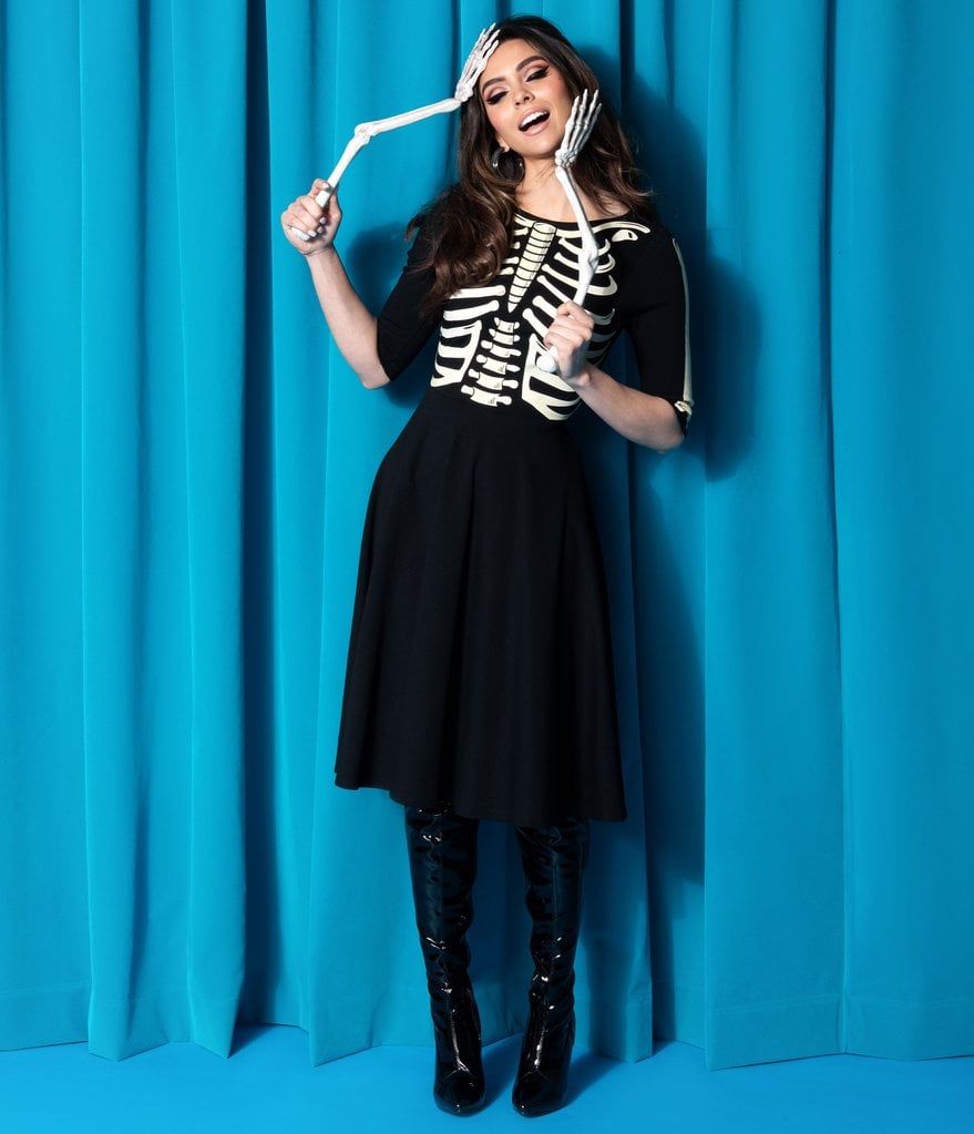 Black Skeleton Bones Graves Swing Dress