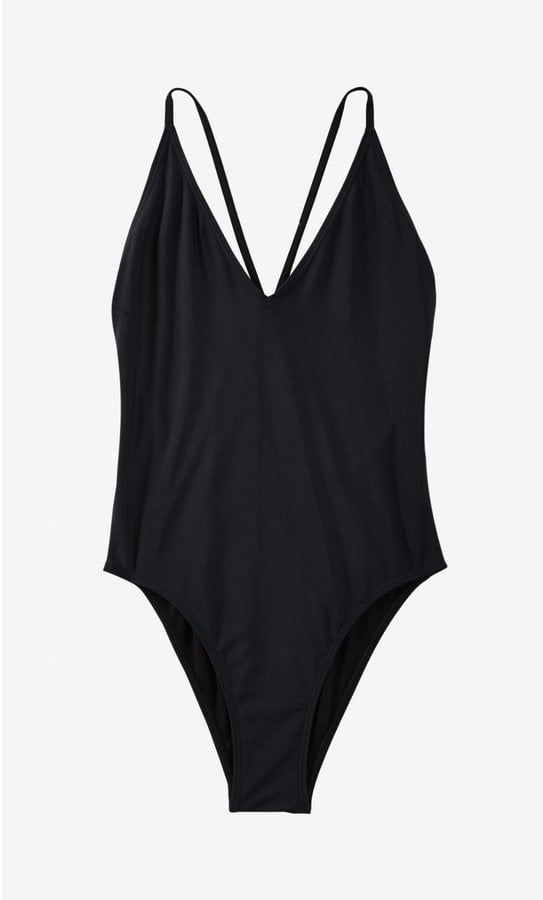 Black Deep V High Cut One-Piece Swimsuit ($60) | Lea Michele in a Black ...
