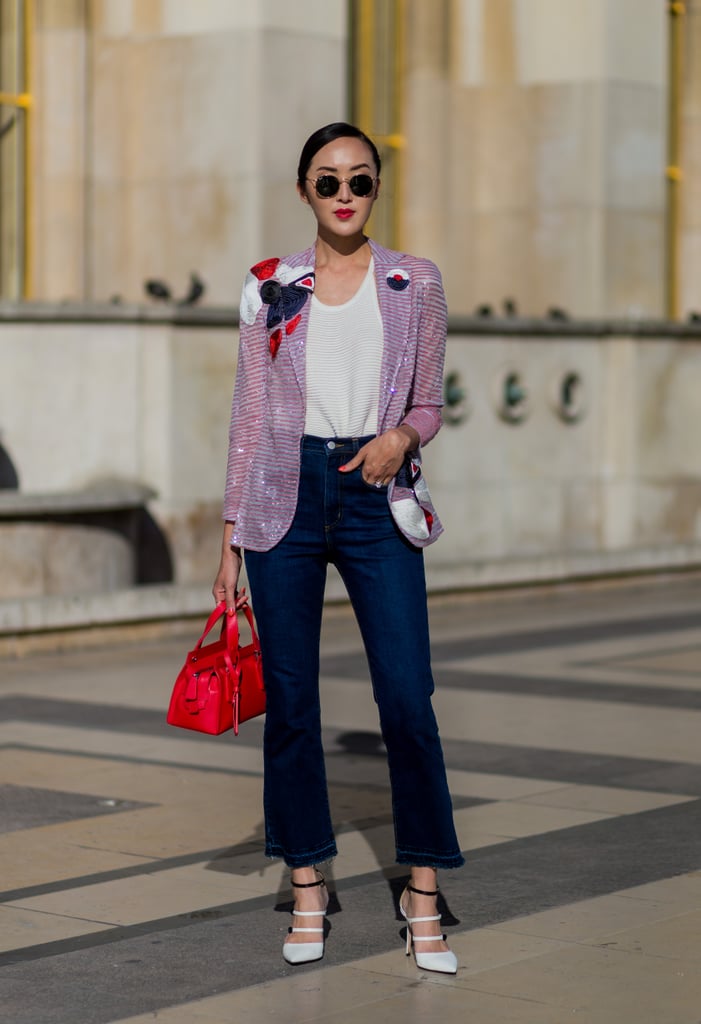 Dress up denim with strappy heels.