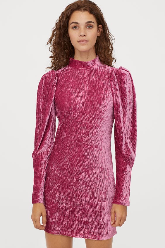 H&M Puff-sleeved Velour Dress