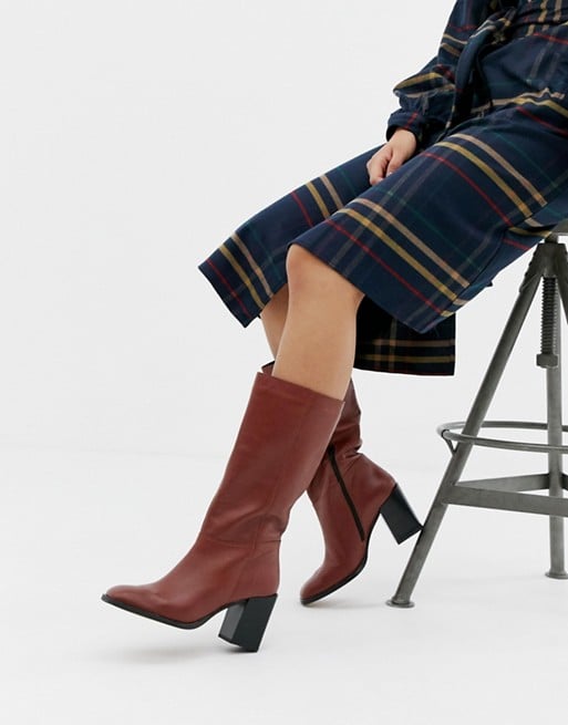 ASOS DESIGN Clara Square Toe Knee Boots in Leather