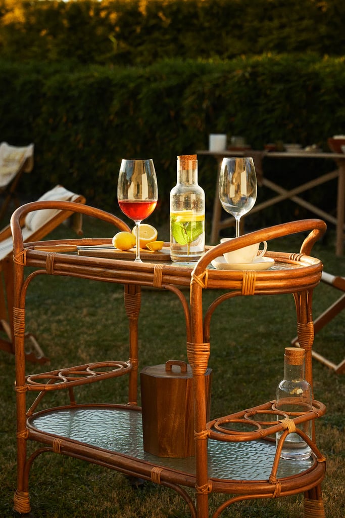 A Bar Cart: Zara Rattan and Hammered Glass Cart