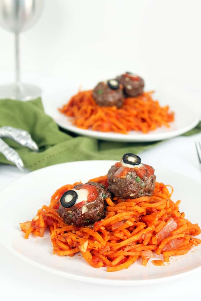 Spooky Sweet Potato "Worms" With Oozing Beef "Eyeballs"