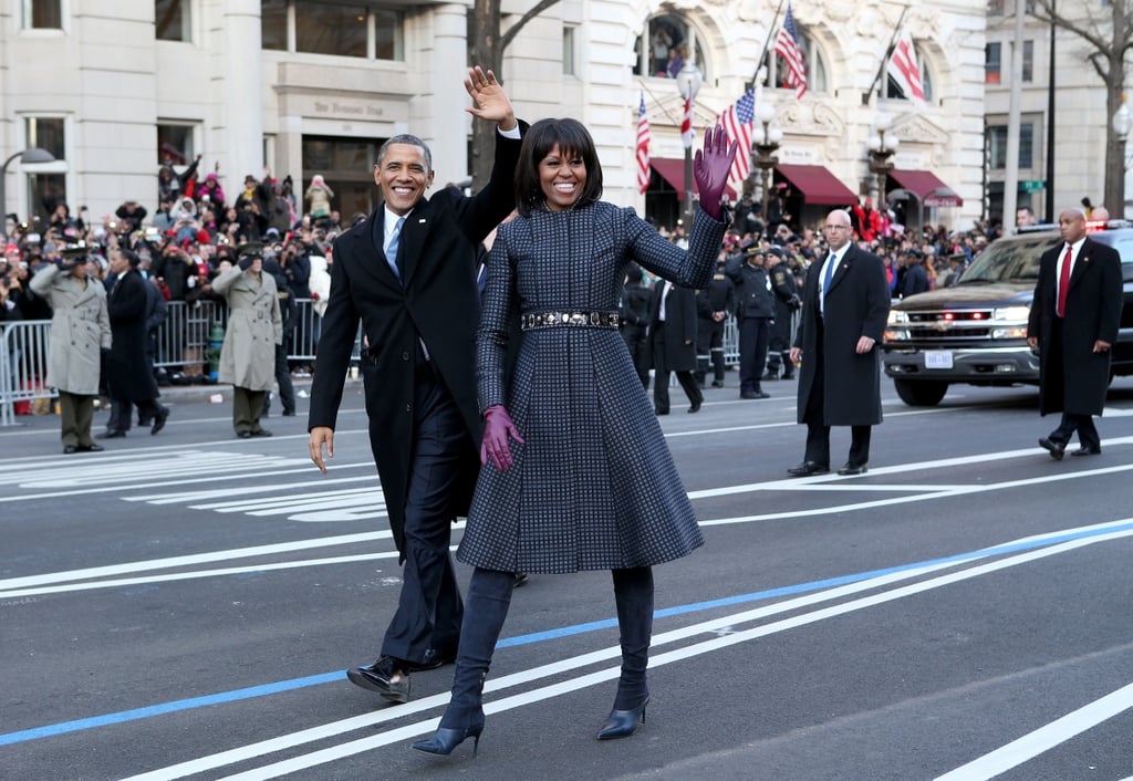 Not many will forget the gemstone-encrusted J.Crew belt Michelle layered over her Thom Browne coat at Barack's Inauguration ceremony in 2013.
