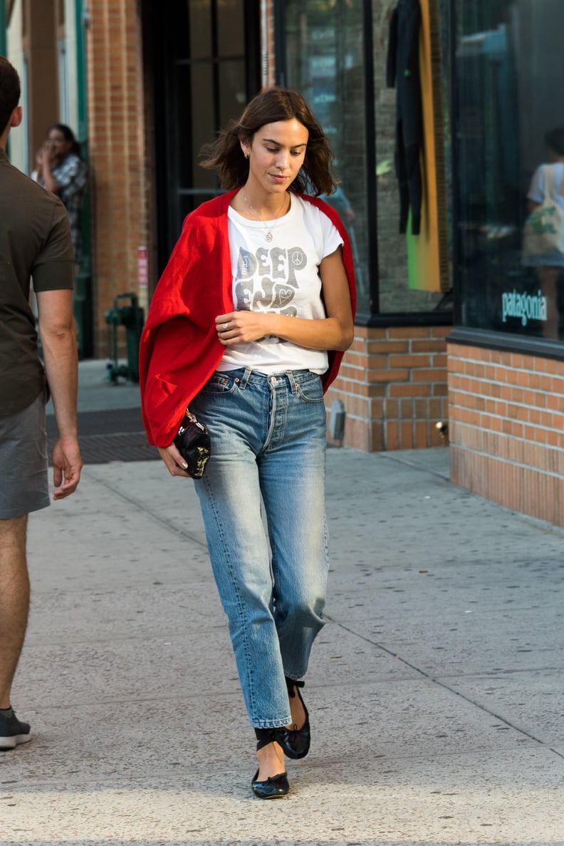 Alexa Chung Added a Feminine Touch by Wearing Her Jeans With Ankle-Wrap Ballerina Flats