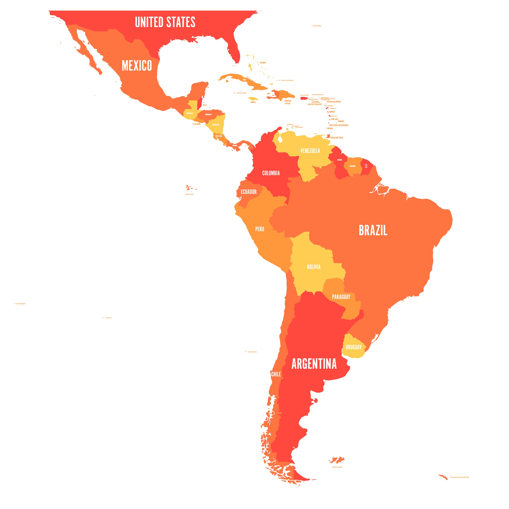 Map of Latin America. Vector illustration in shades of orange.