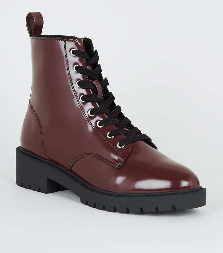dark red patent faux croc chunky buckle boots