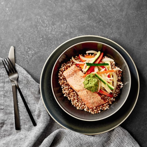 Dinner: Salmon Buckwheat Bowl With Pesto Dinner: Salmon Buckwheat Bowl With Pesto
