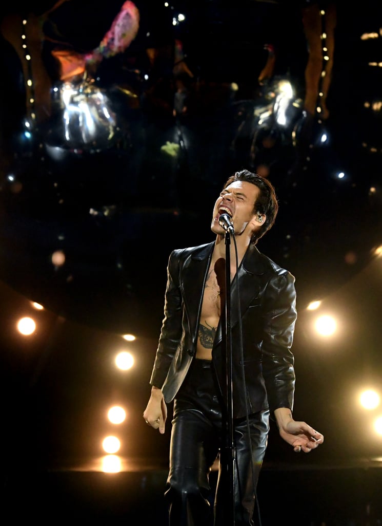 Harry Styles Wears Leather Suit and Fuzzy Scarf For Grammys