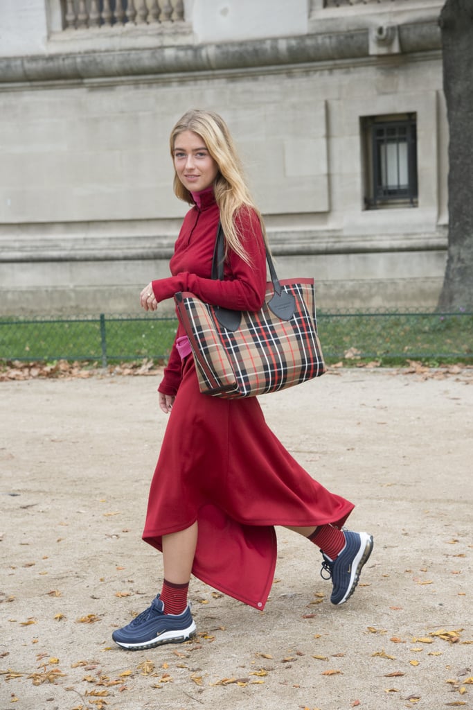 The sock/dress coordination here makes the sneakers pop.