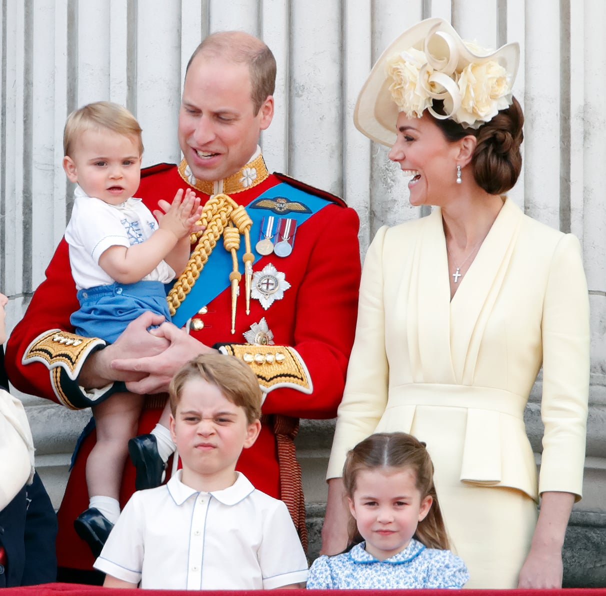LONDON, UNITED KINGDOM - JUNE 08: (EMBARGOED FOR PUBLICATION IN UK NEWSPAPERS UNTIL 24 HOURS AFTER CREATE DATE AND TIME) Prince William, Duke of Cambridge, Catherine, Duchess of Cambridge, Prince Louis of Cambridge, Prince George of Cambridge and Princess Charlotte of Cambridge stand on the balcony of Buckingham Palace during Trooping The Colour, the Queen's annual birthday parade, on June 8, 2019 in London, England. The annual ceremony involving over 1400 guardsmen and cavalry, is believed to have first been performed during the reign of King Charles II. The parade marks the official birthday of the Sovereign, although the Queen's actual birthday is on April 21st. (Photo by Max Mumby/Indigo/Getty Images)