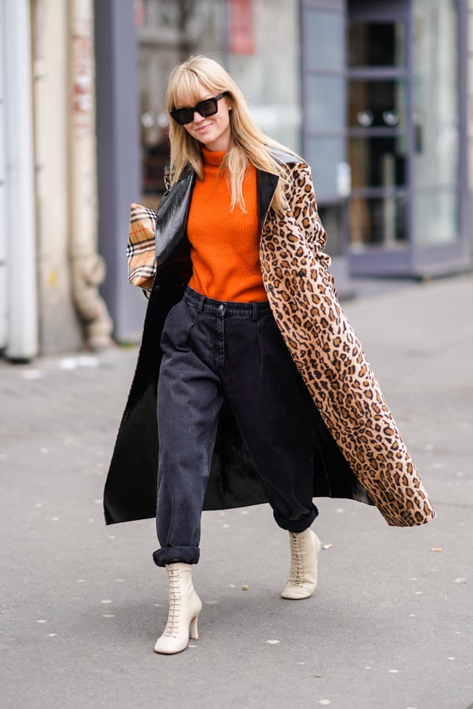 Style Your Leopard-Print Coat With: A Bright Sweater, Jeans, and Boots