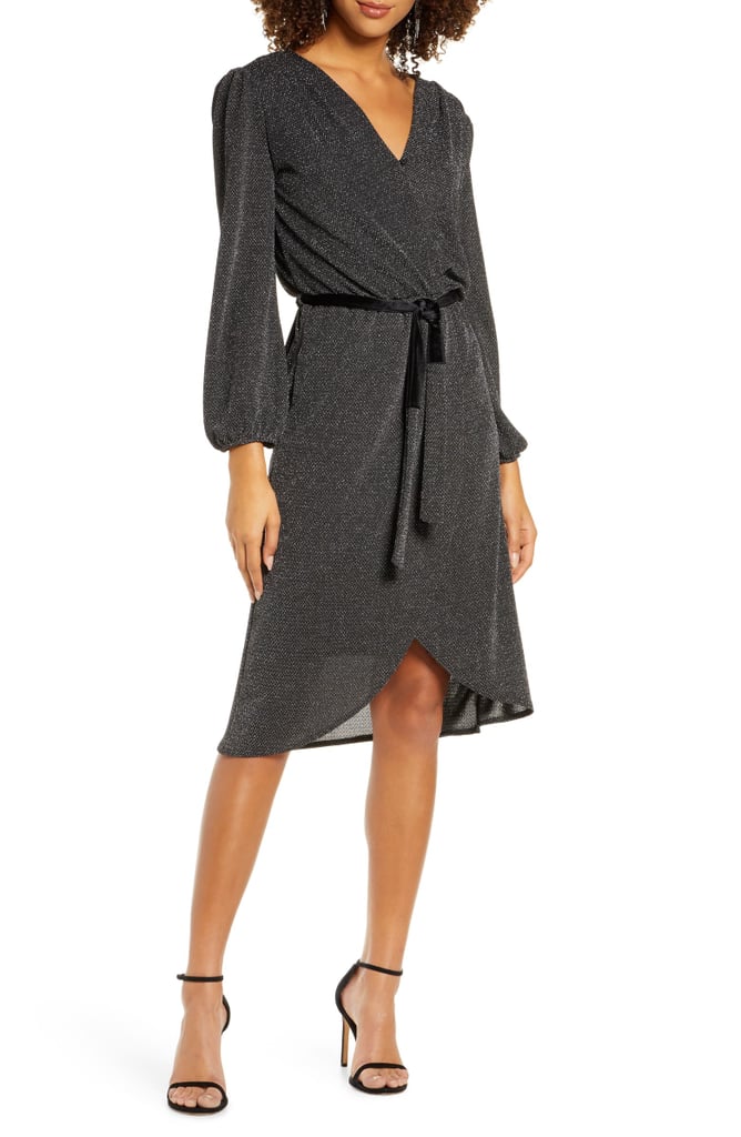 Fraiche by J Glitter Long Sleeve Faux Wrap Dress