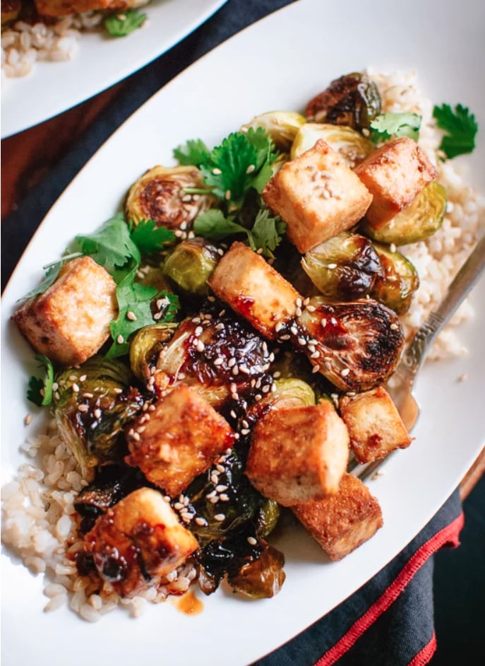 Roasted Brussels Sprouts and Crispy Baked Tofu With Honey-Sesame Glaze