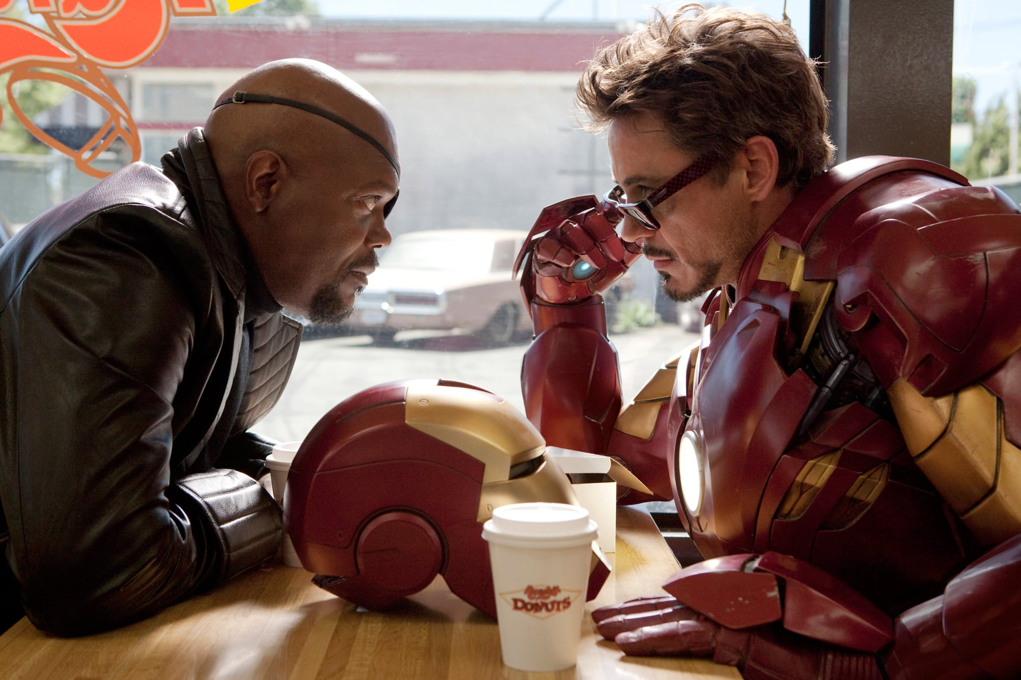 IRON MAN 2, from left: Samuel L. Jackson, Robert Downey Jr., 2010. ph: Francois Duhamel/Paramount/Courtesy Everett Collection