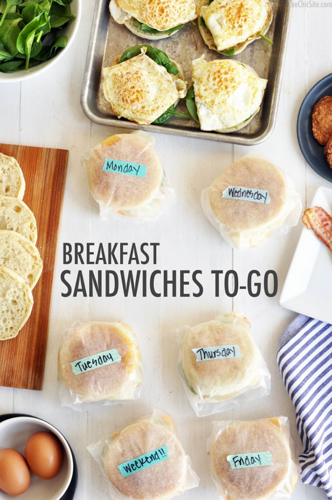 FreezerFriendly Sausage, Egg, Bacon, and Spinach Breakfast Sandwiches