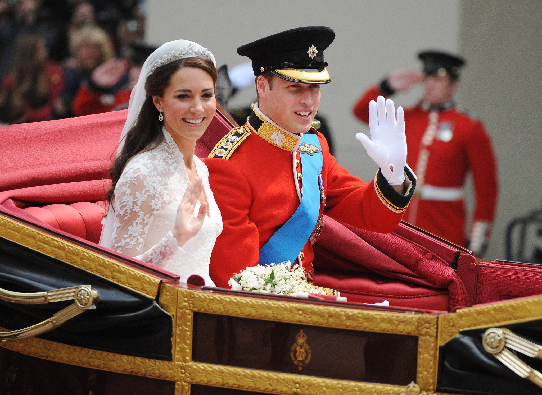 LONDON - APRIL 29:  Prince William, Duke of Cambridge and Catherine, Duchess of Cambridge depart Westminster Abbey after there marriage on April 29, 2011 in London, England. The marriage of the second in line to the British throne was led by the Archbishop of Canterbury and was attended by 1900 guests, including foreign Royal family members and heads of state. Thousands of well-wishers from around the world have also flocked to London to witness the spectacle and pageantry of the Royal Wedding.. (Photo by Samir Hussein/WireImage)