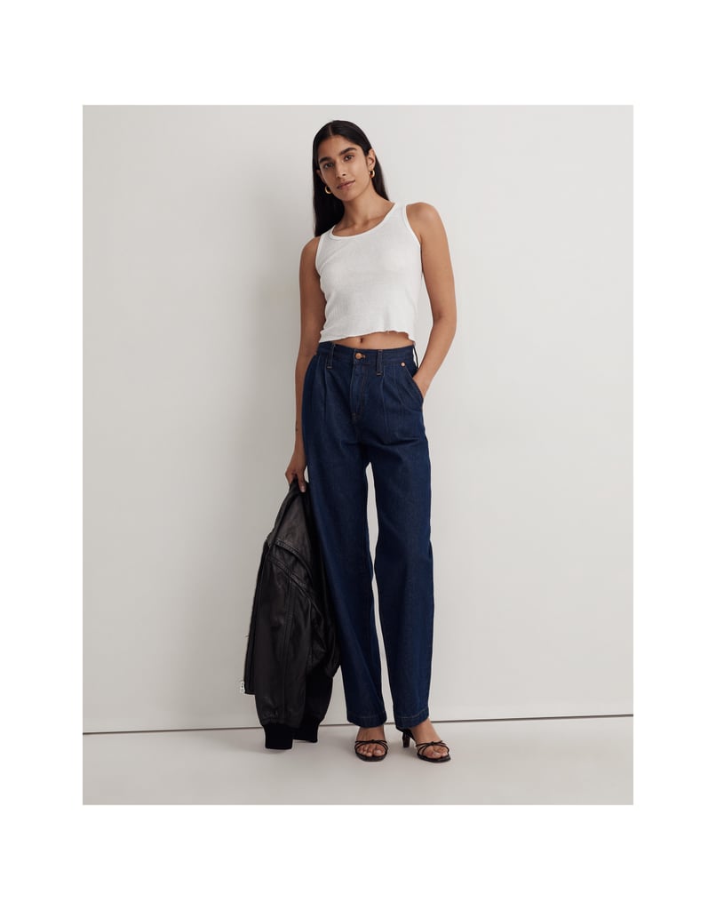 Dark-Wash Denim Pleated Trousers