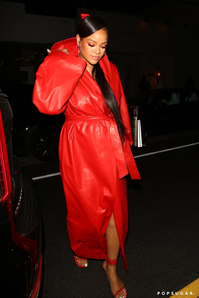 Rihanna Wearing a Red Alaïa Leather Coat-Dress