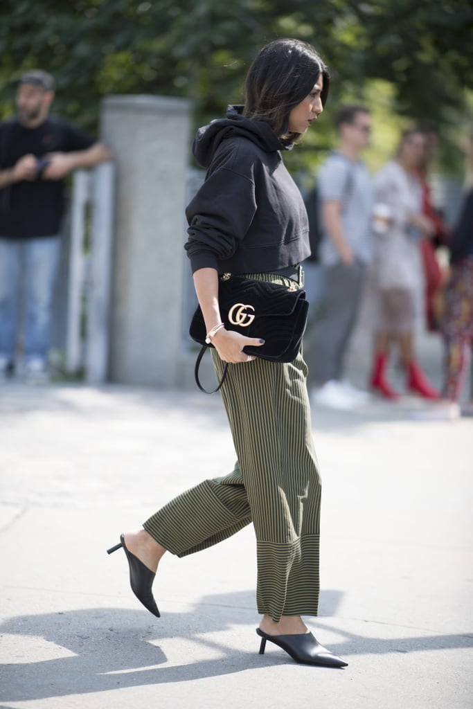 For an athleisure vibe that's still polished, a cropped hoodie and kitten-heel mules feel easy, yet smart.