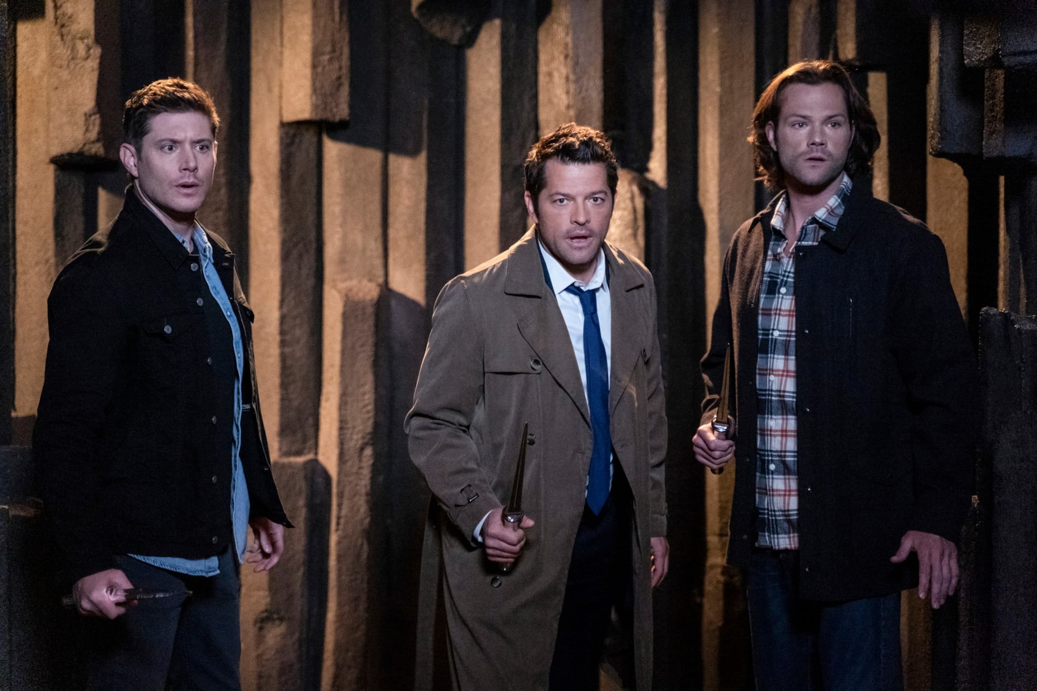 SUPERNATURAL, from left: Jensen Ackles, Misha Collins, Jared Padalecki, 'Our Father, Who Aren't in Heaven', (Season 15, Episode 1508, aired Dec. 12, 2019), photo: Colin Bentley / The CW / Courtesy Everett Collection