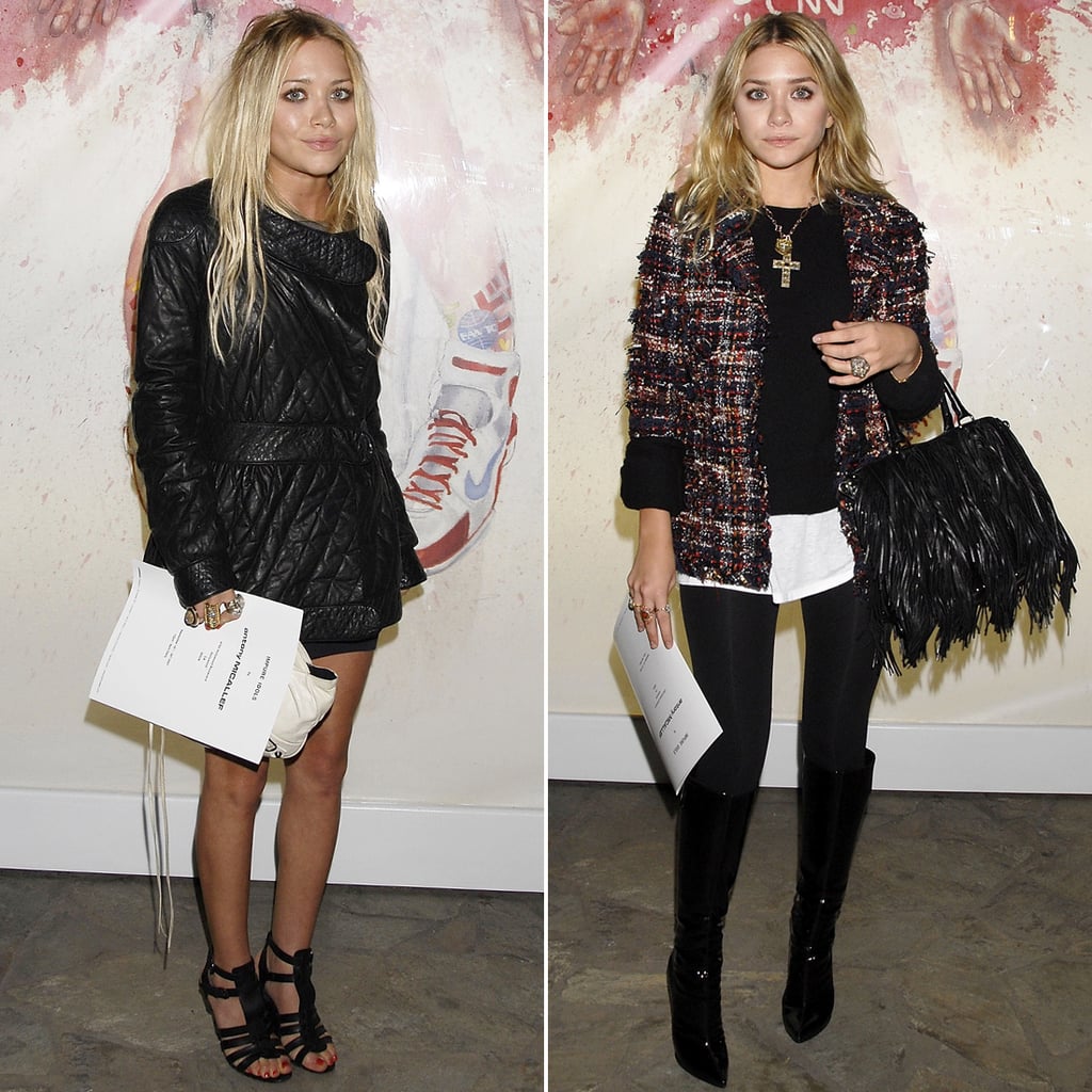 Twinning combo: Each girl put her own twist on cute yet casual styling for Antony Micallef's debut LA Show, Impure Idols, in September 2007.

Mary-Kate worked a quilted jacket over her black basics, then completed her edgy ensemble with caged sandals and a bevy of statement rings.
Ashley layered up in a black sweater, multicolored tweed jacket, sheen black leggings, and patent Christian Louboutin boots.