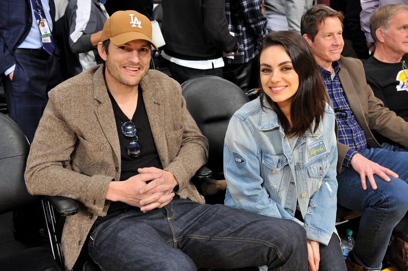 LOS ANGELES, CALIFORNIA - JANUARY 29: Ashton Kutcher and Mila Kunis attend a basketball game between the Los Angeles Lakers and the Philadelphia 76ers at Staples Center on January 29, 2019 in Los Angeles, California. (Photo by Allen Berezovsky/Getty Image