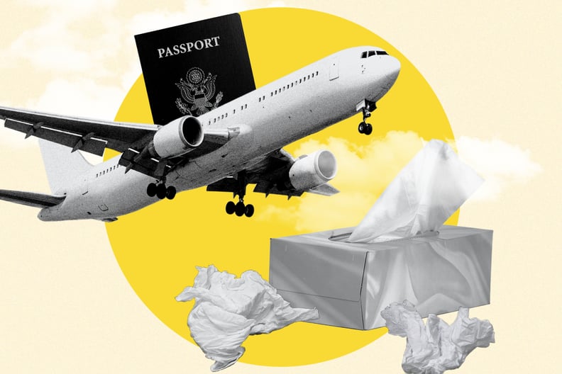 An airplane and passport next to a box of tissues.