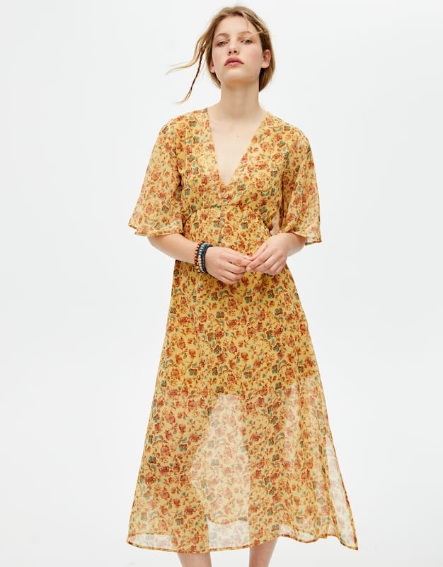 Pull&Bear Floral Yellow Midi Dress