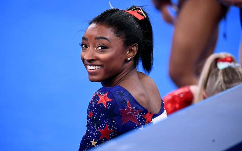 -TOKYO,JAPAN July 24, 2021: USAs Simone Biles smiles in between sessions in the womens team qualifying at the 2020 Tokyo Olympics.  (Wally Skalij /Los Angeles Times via Getty Images)