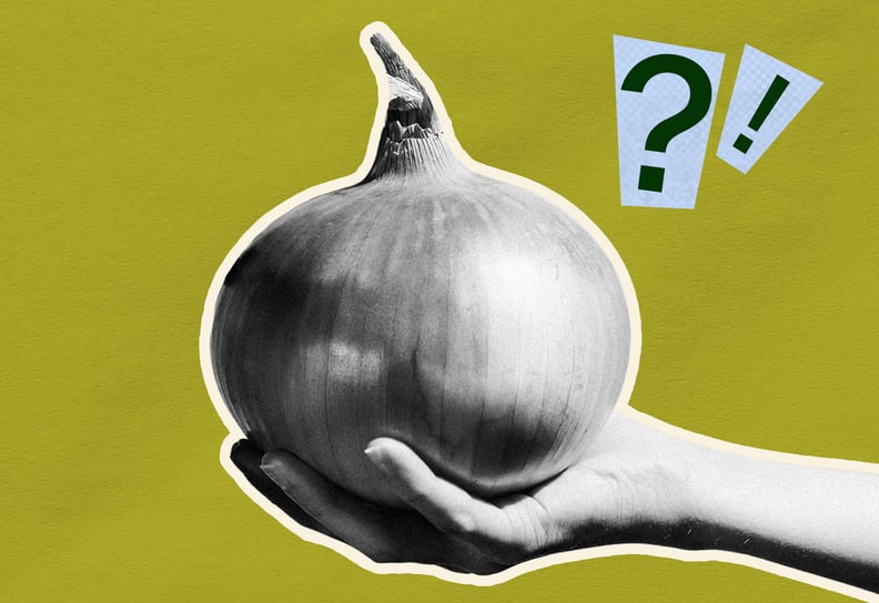 Arm holding a massive onion in front of a lime green backdrop with question marks hanging in the air.