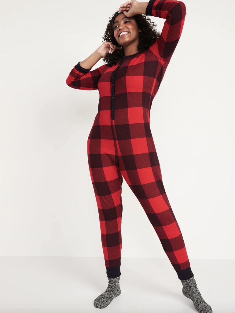 Buffalo Plaid Matching Printed Thermal-Knit One-Piece Pajamas