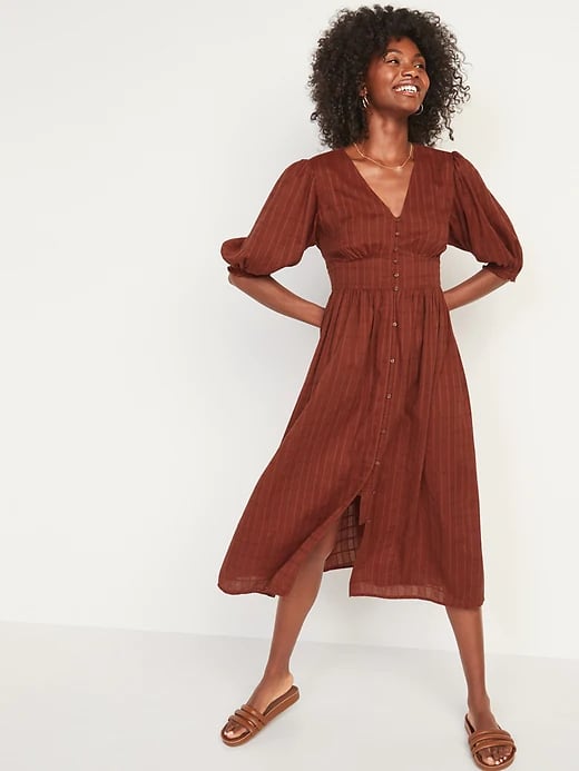 Old Navy Fit and Flare Puff-Sleeve Dobby Midi Dress