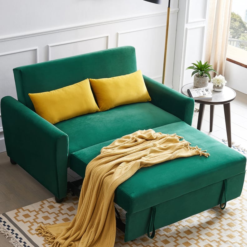 A Convertible Loveseat: Clihome Compact Soft Velvet Sofa Bed
