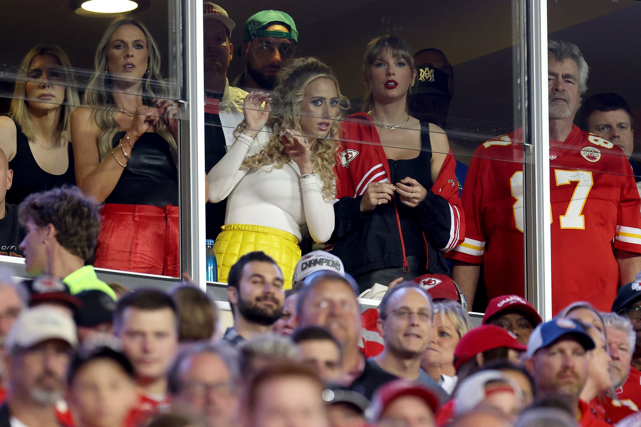 KANSAS CITY, MISSOURI - OCTOBER 12: Brittany Mahomes and Taylor Swift watch during the second quarter between the Kansas City Chiefs and the Denver Broncos at GEHA Field at Arrowhead Stadium on October 12, 2023 in Kansas City, Missouri. (Photo by Jamie Squire/Getty Images)