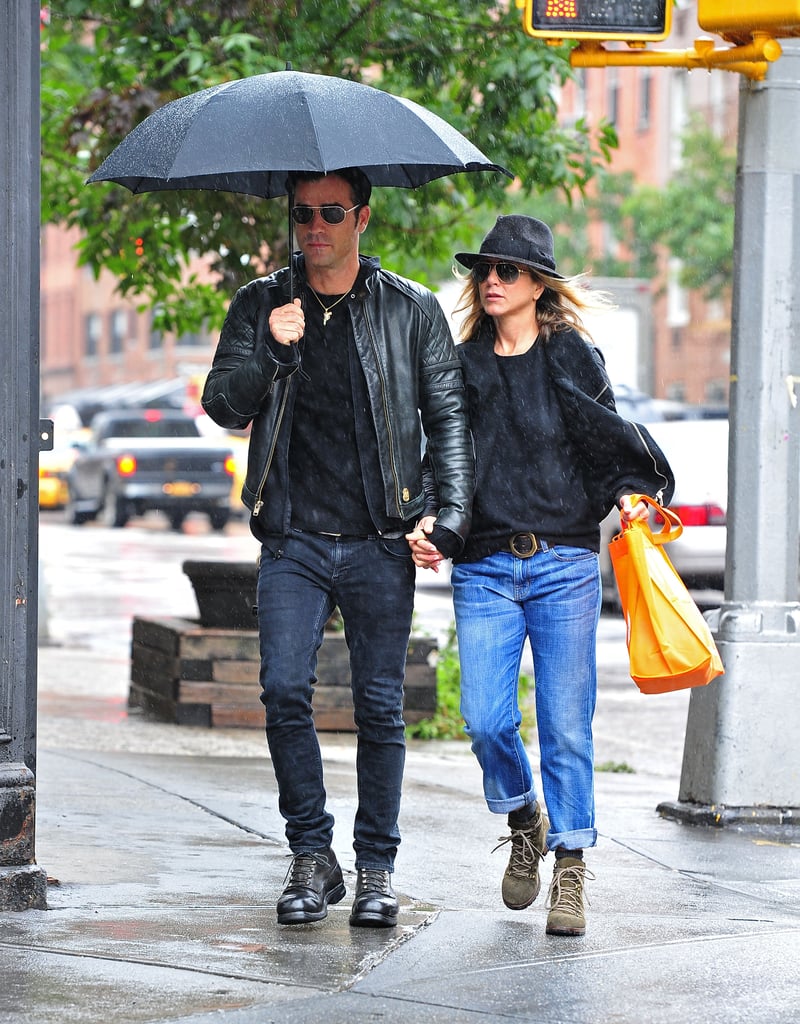 Another his and hers denim moment we love — Jennifer and Justin Theroux kept it cool and uncomplicated in black leather and everyday denim. Note: Jennifer even has the perfect-cut boyfriend jean.